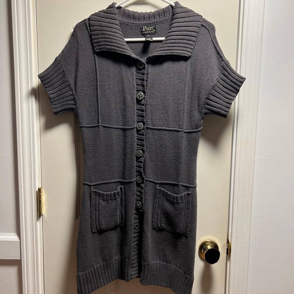 Pure Handknit M/L Grey Button Down Sweater W/ Collar & Pockets